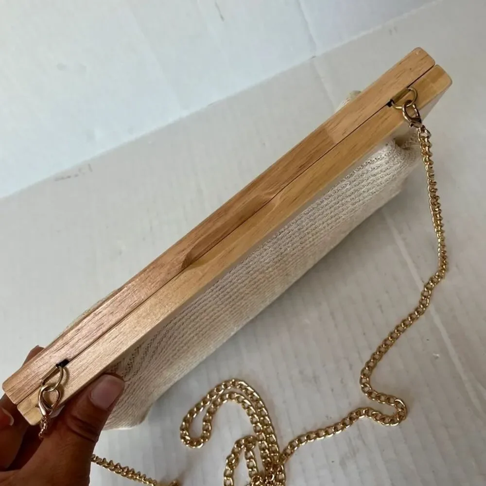 Tommy Bahama woven raffia structured clutch boho crossbody chain strap wood fram